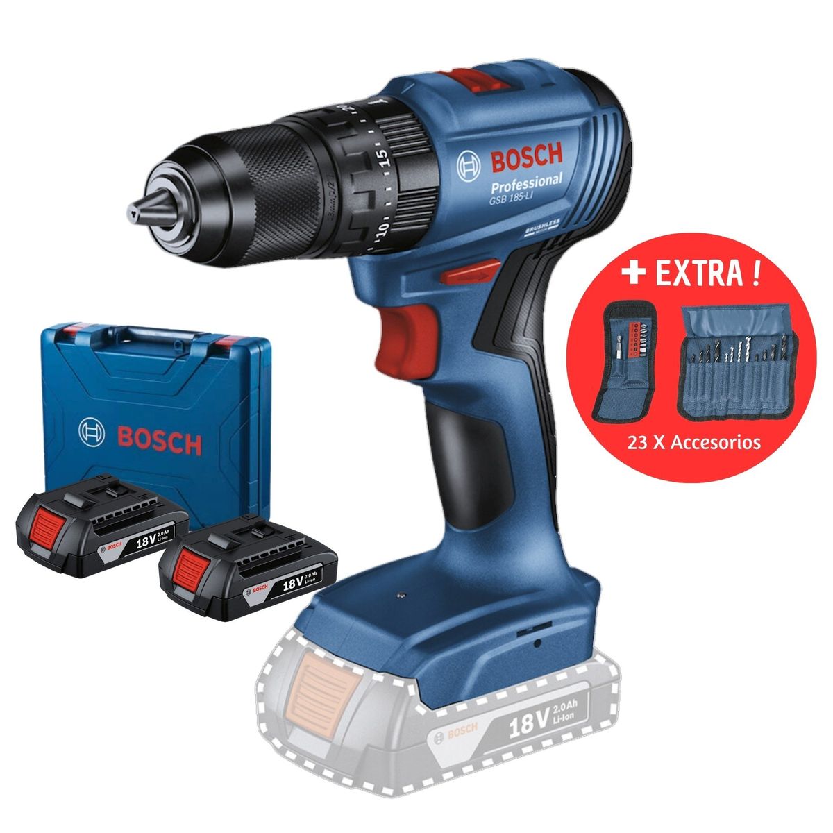 BOSCH - Taladro Percutor 18V GSB 185-LI, 2 Baterías, 23 accesorios BOSCH