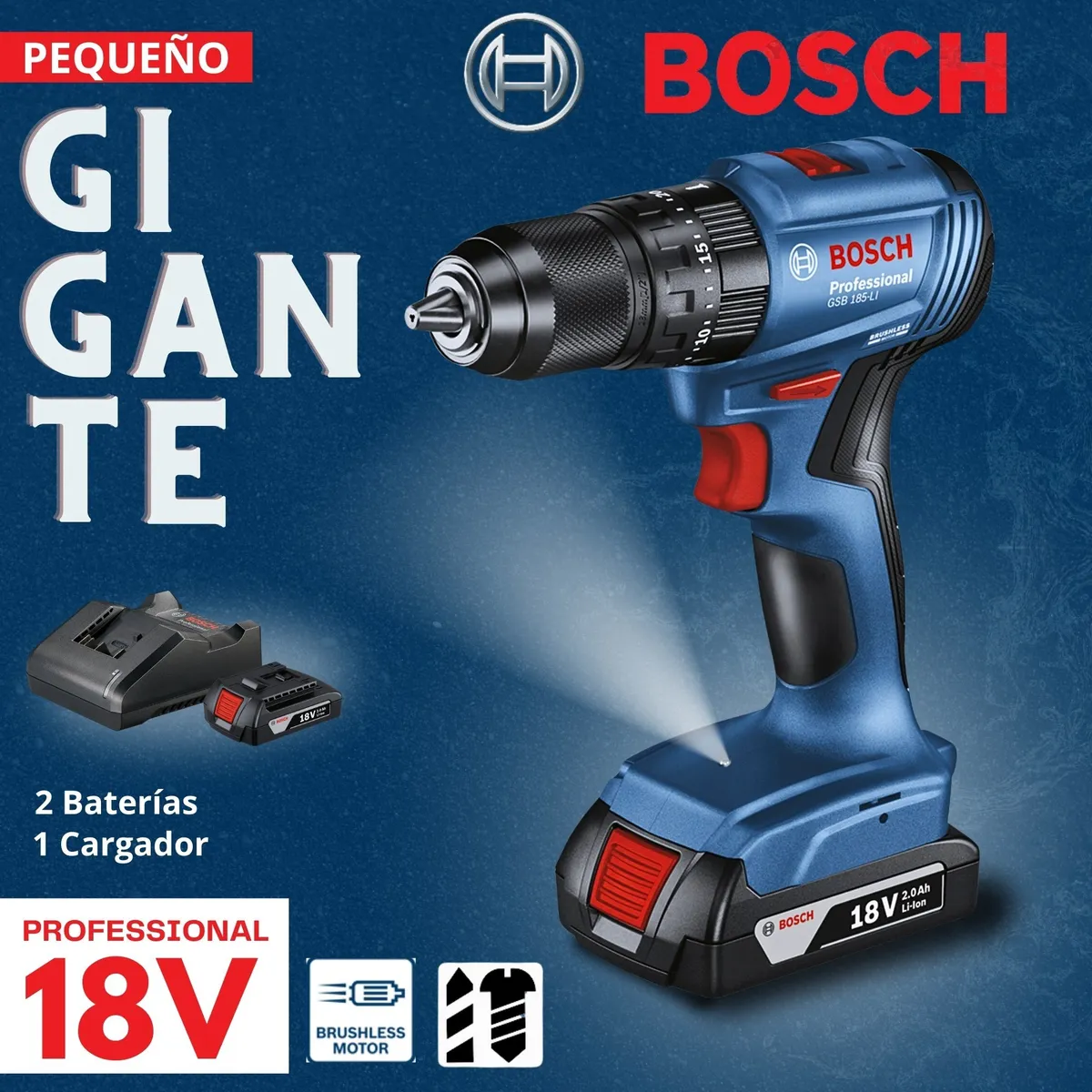 BOSCH - Taladro Percutor 18V GSB 185-LI, 2 Baterías, 23 accesorios BOSCH