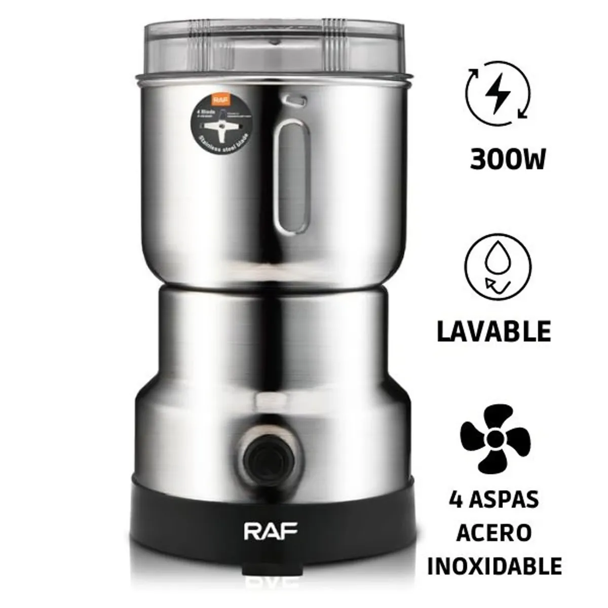 RAFF - Molinillo Eléctrico Acero Inoxidable Para Café y Especias 4 Aspas 300W