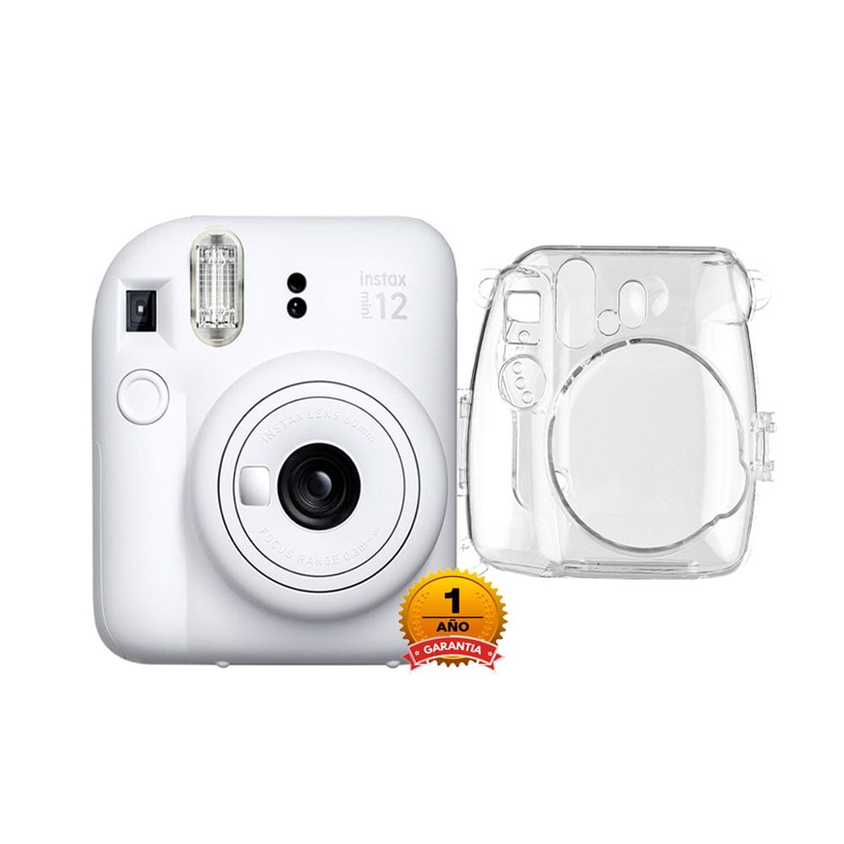 FUJIFILM - Camara Fujifilm Instax Mini 12 Blanco Arcilla+Estuche Transparente