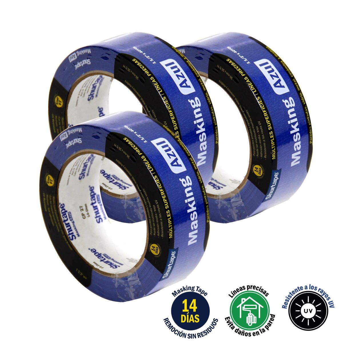 SHURTAPE - Masking Tape Azul 1.5" x 40 Yds Pack x3