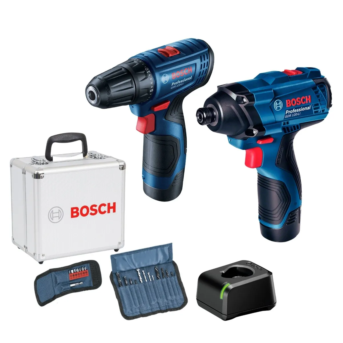 Bosch - Taladro atornillador GSR 120 + llave de impacto GDR 120 + maletín aluminio+ 23 accesorios