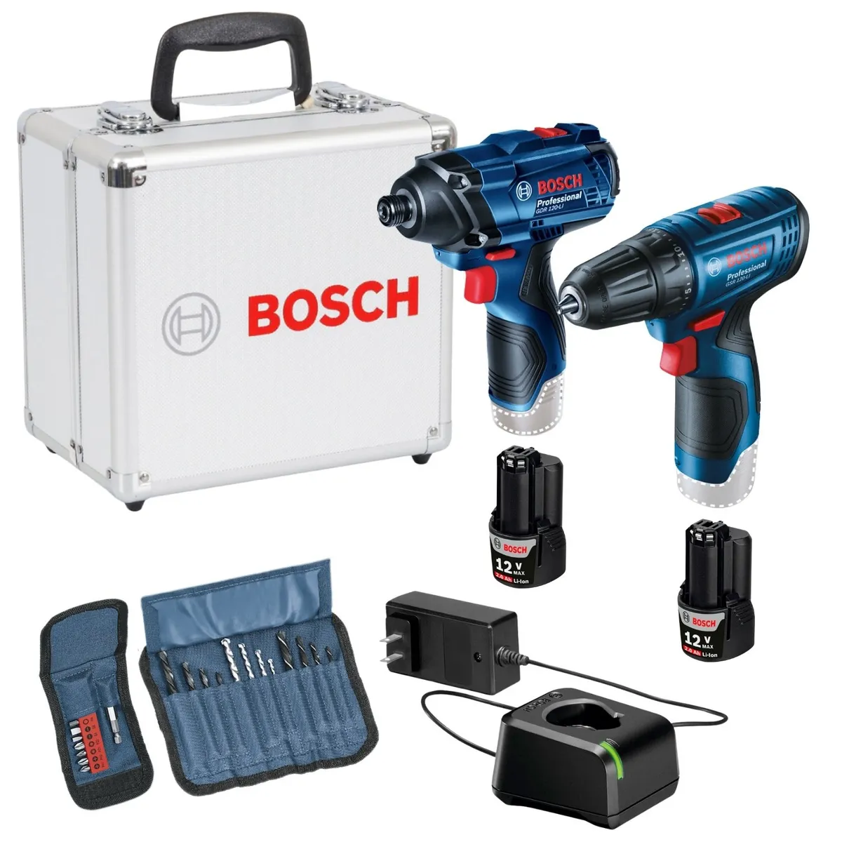 Bosch - Taladro atornillador GSR 120 + llave de impacto GDR 120 + maletín aluminio+ 23 accesorios