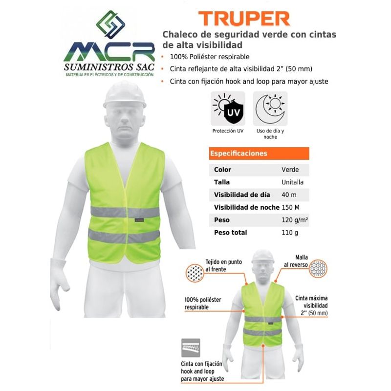 TRUPER - CHALECO DE SEGURIDAD VERDE CON CINTAS DE ALTA VISIBILIDAD TRUPER