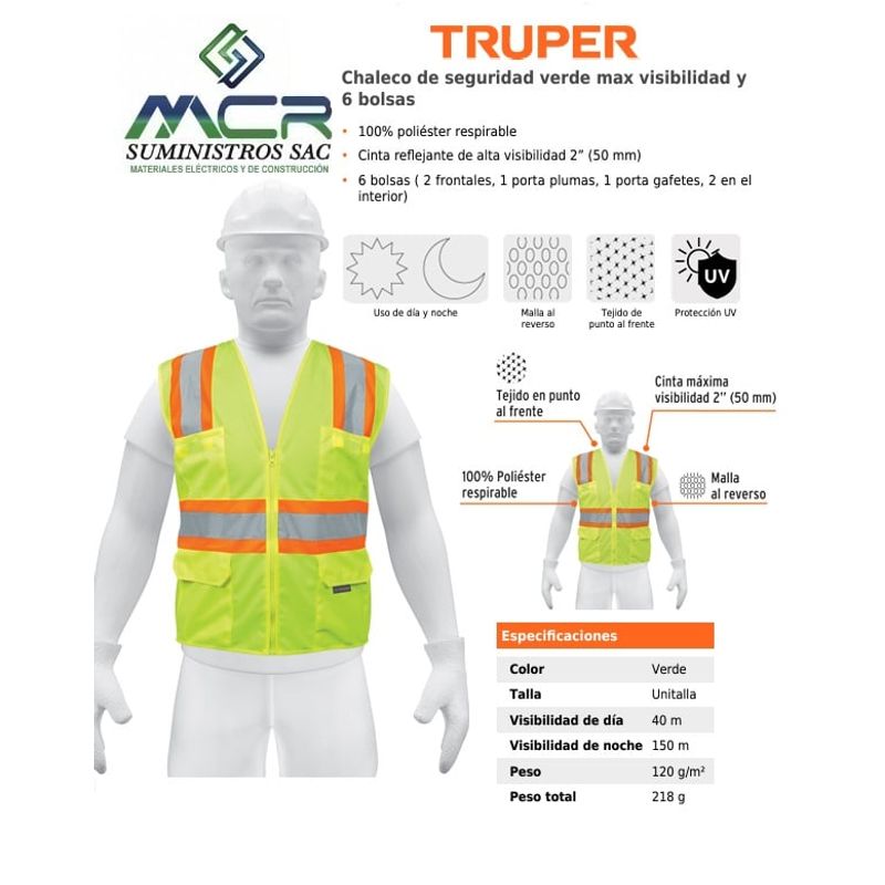 TRUPER - Chalecos con cintas dobles de 2" máxima visibilidad con cierre y 6 bolsas TRUPER
