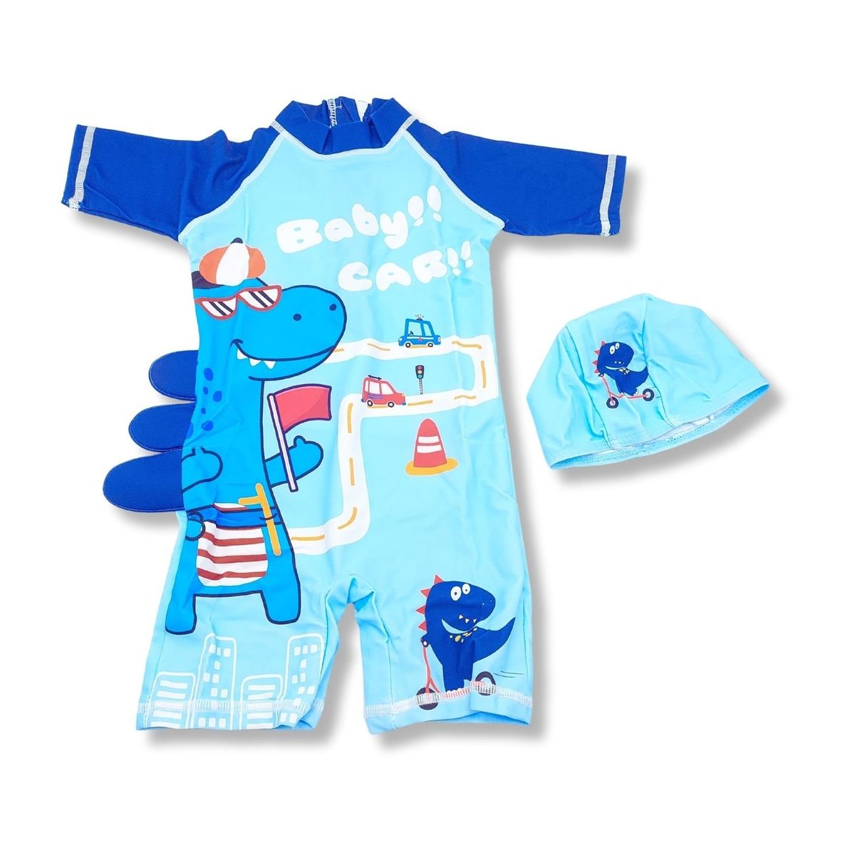 GENERICO - Ropa de Baño para Niño UV Dinosaurio Azul con Pista de Autos