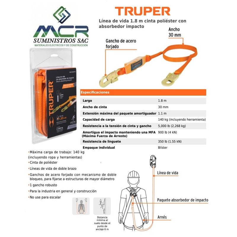 TRUPER - Línea de vida 1.8 m cinta políéster con absorbedor impacto TRUPER
