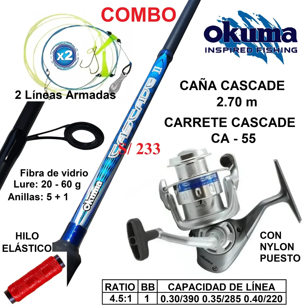 OKUMA - Equipo De Pescar Caña De 2.70 M Con Carrete Okuma 55 Combo