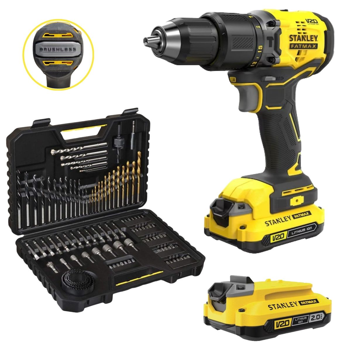 STANLEY - TALADRO PERCUTOR INALAMBRICO BRUSHLESS 20V SET 100 PUNTAS Y BROCAS