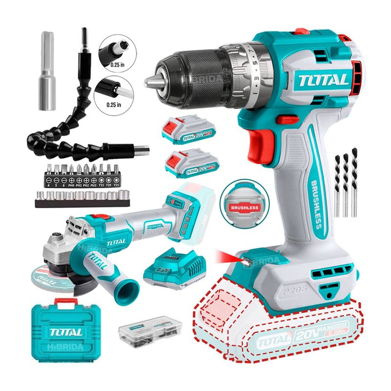 TOTAL TOOLS - TALADRO PERCUTOR PORTABLE 20V BRUSHLEES TOTAL + 21 ACCESORIOS