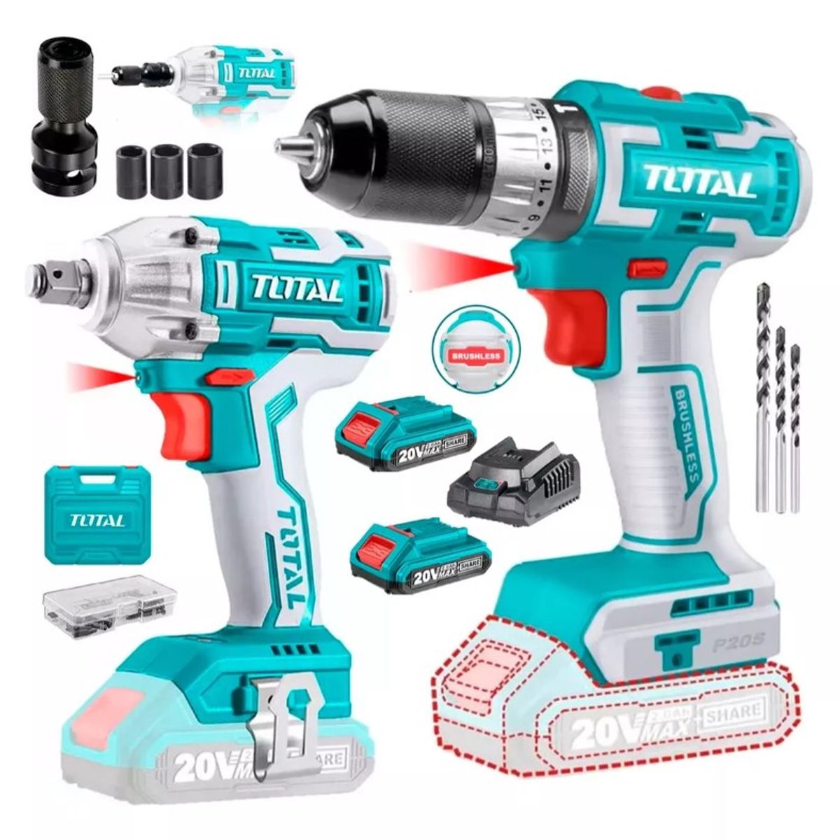 TOTAL TOOLS - TALADRO PERCUTOR INALAMBRICO 20V BRUSHLEES+ LLAVE IMPACTO ½