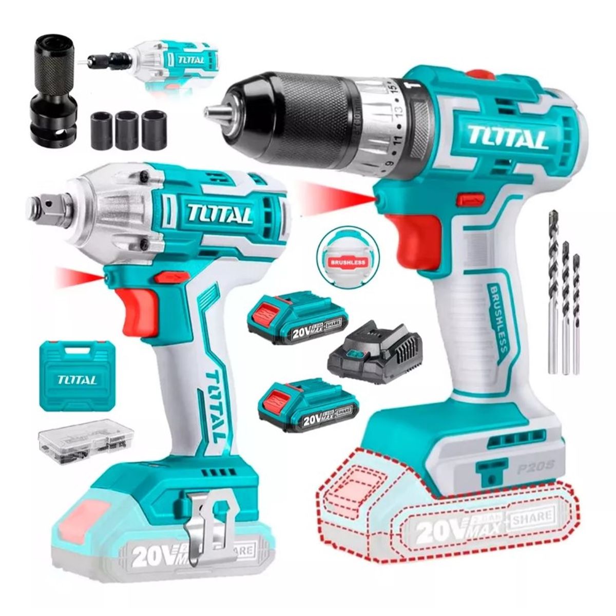 TOTAL TOOLS - TALADRO PERCUTOR INALAMBRICO 20V BRUSHLEES+ LLAVE IMPACTO ½