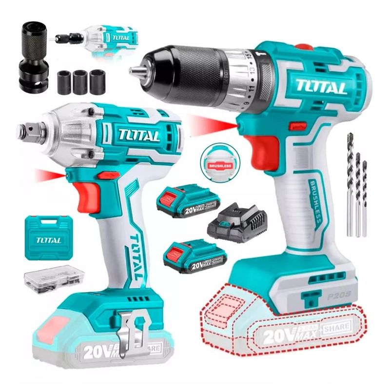 TOTAL TOOLS - TALADRO PERCUTOR INALAMBRICO 20V BRUSHLEES+ LLAVE IMPACTO ½