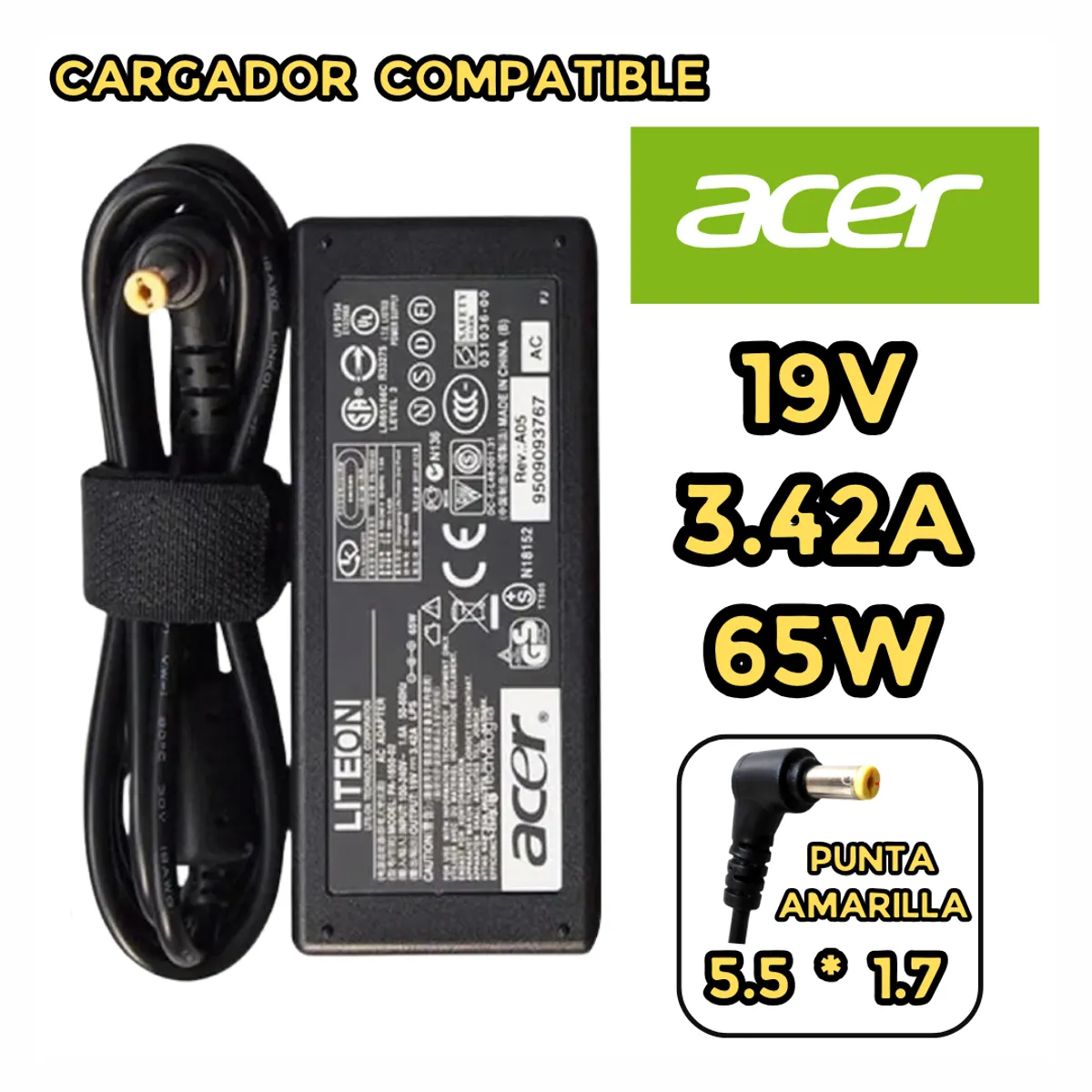 GENERICO - CARGADOR PARA LAPTOP ACER 19V 3.42A  65W PUNTA 5.5*1.7 PUNTA AMARILLA