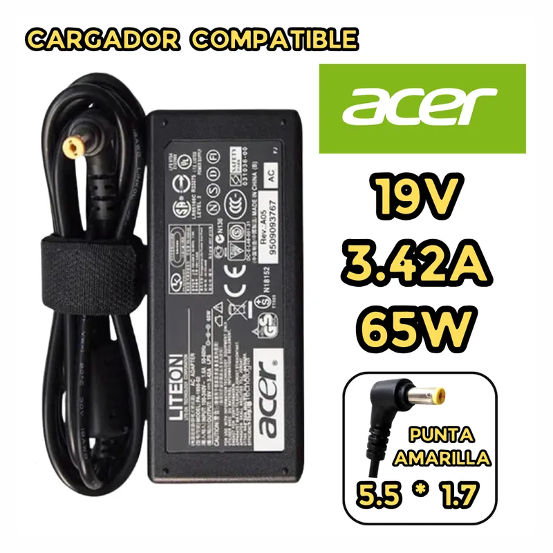 GENERICO - CARGADOR PARA LAPTOP ACER 19V 3.42A  65W PUNTA 5.5*1.7 PUNTA AMARILLA