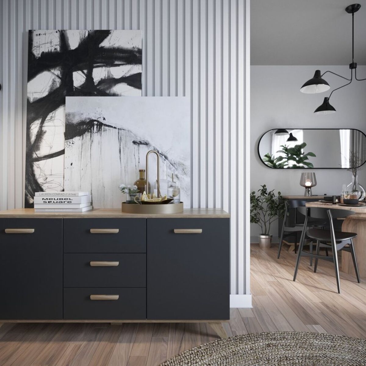 TU MESITA - Aparador Moderno Kate color NegroDuna 3 cajones 2 puertas TU MESITA