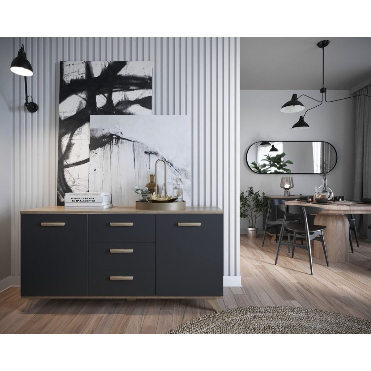 TU MESITA - Aparador Moderno Kate color NegroDuna 3 cajones 2 puertas TU MESITA