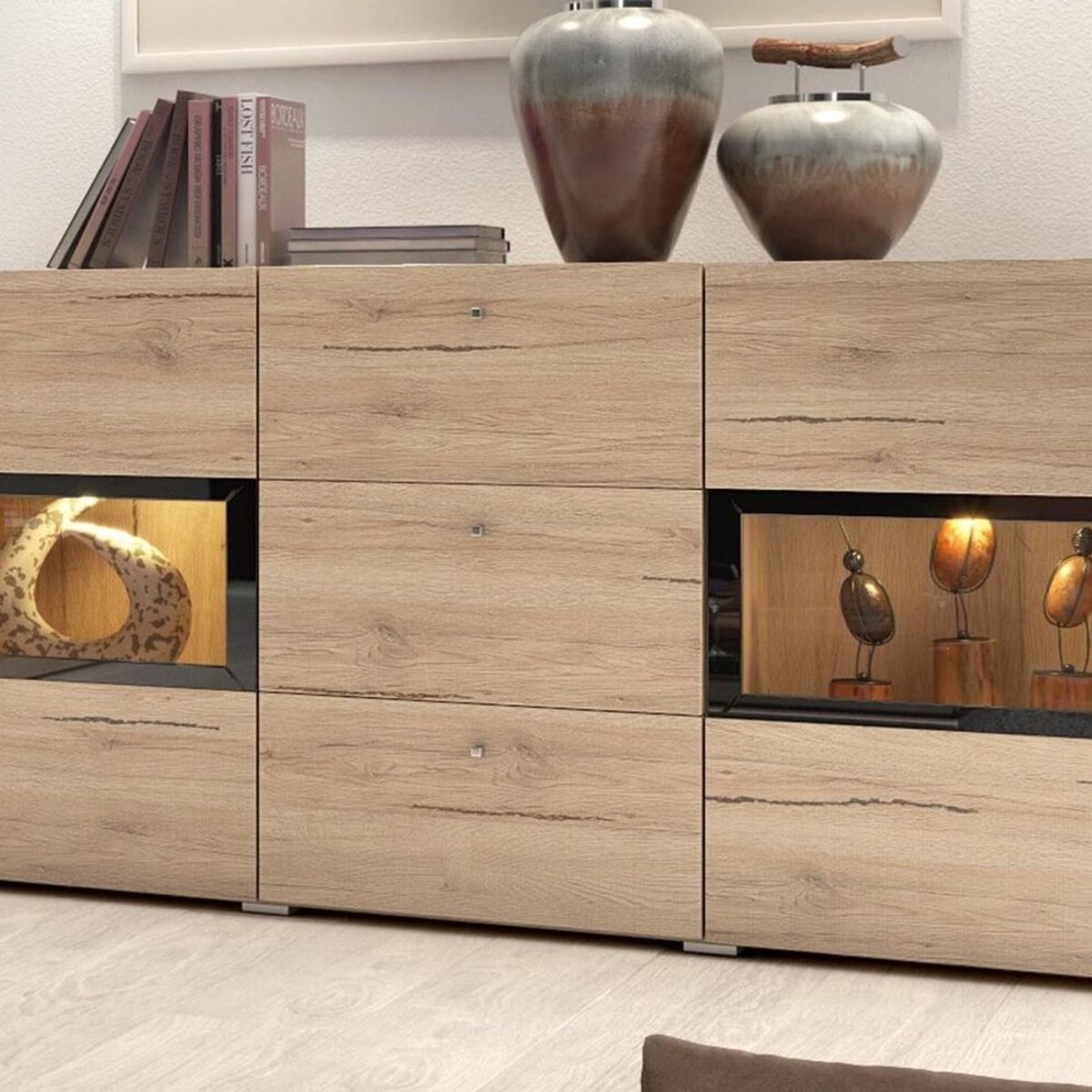 TU MESITA - Vitrina Rústica Babel con LED color Marrón TU MESITA 3 cajones