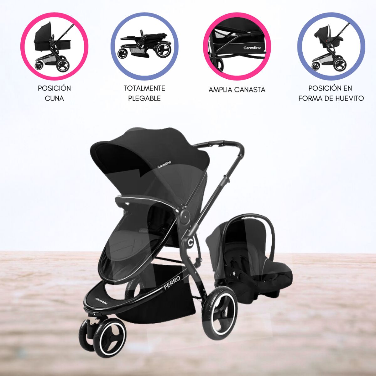 CARESTINO - Coche Moises con Accesorios «FERRO» Black
