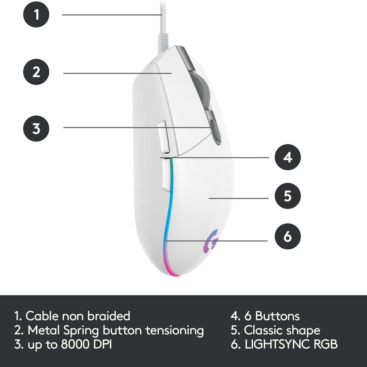 LOGITECH - MOUSE LOGITECH G203 LIGHTSYNC ÓPTICO 8000 DPI RGB BLANCO