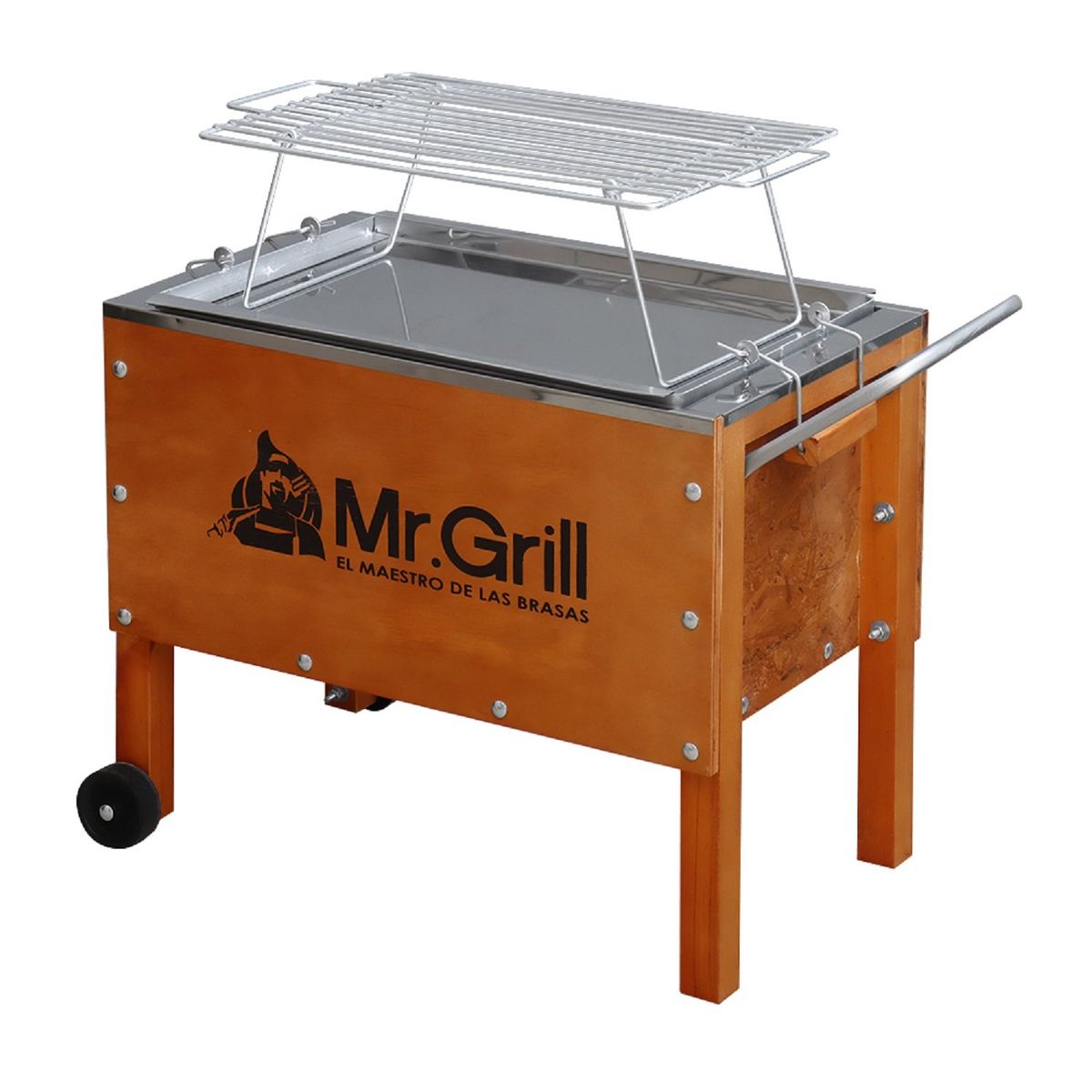 MR GRILL - Caja China Chica Nogal Acero Inoxidable con Parrillas de Varillas