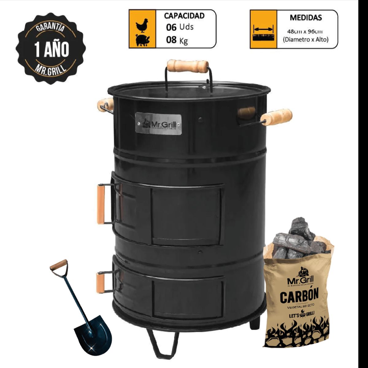 MR GRILL - Cilindro mediano de fierro + Pala + Carbón