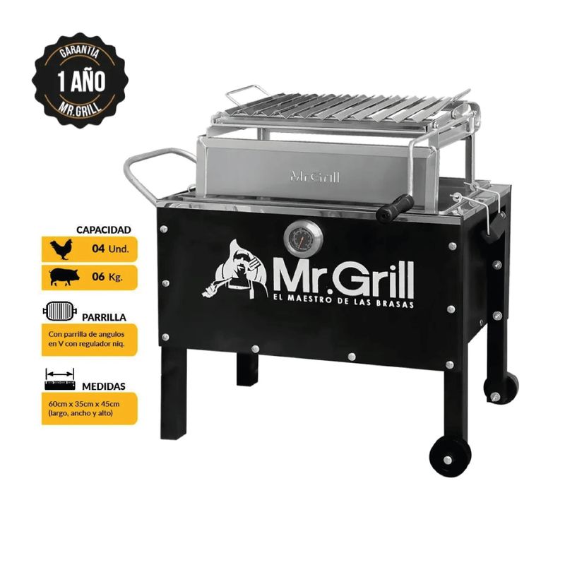 MR GRILL - Caja China Mediana Jr Inox con parrilla regulable + Termómetro