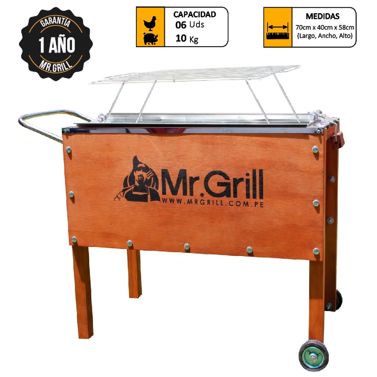 MR GRILL - Caja China Mediana Nogal Acero Inoxidable con Parrillas de Varillas