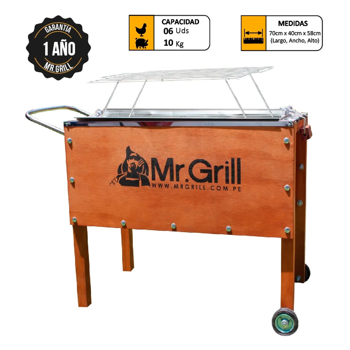 MR GRILL - Caja China Mediana Nogal Acero Inoxidable con Parrillas de Varillas