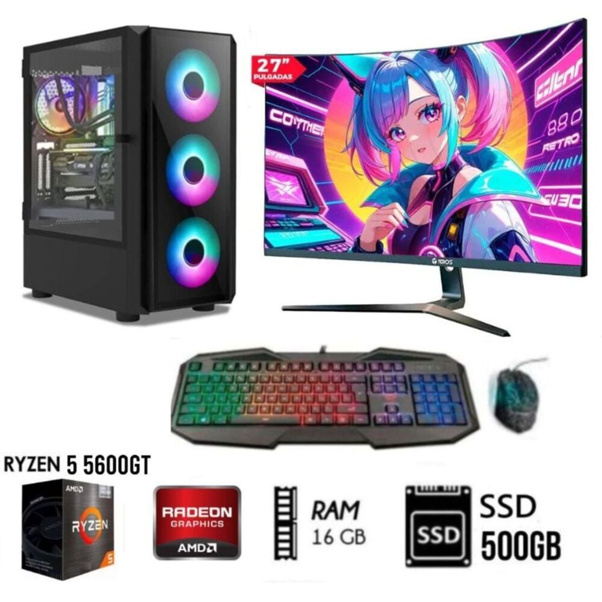 AMD - Computadora PC GAMER RYZEN 5 5600GT RAM 16GB DISCO SSD 500GB MONITOR 27 FHD