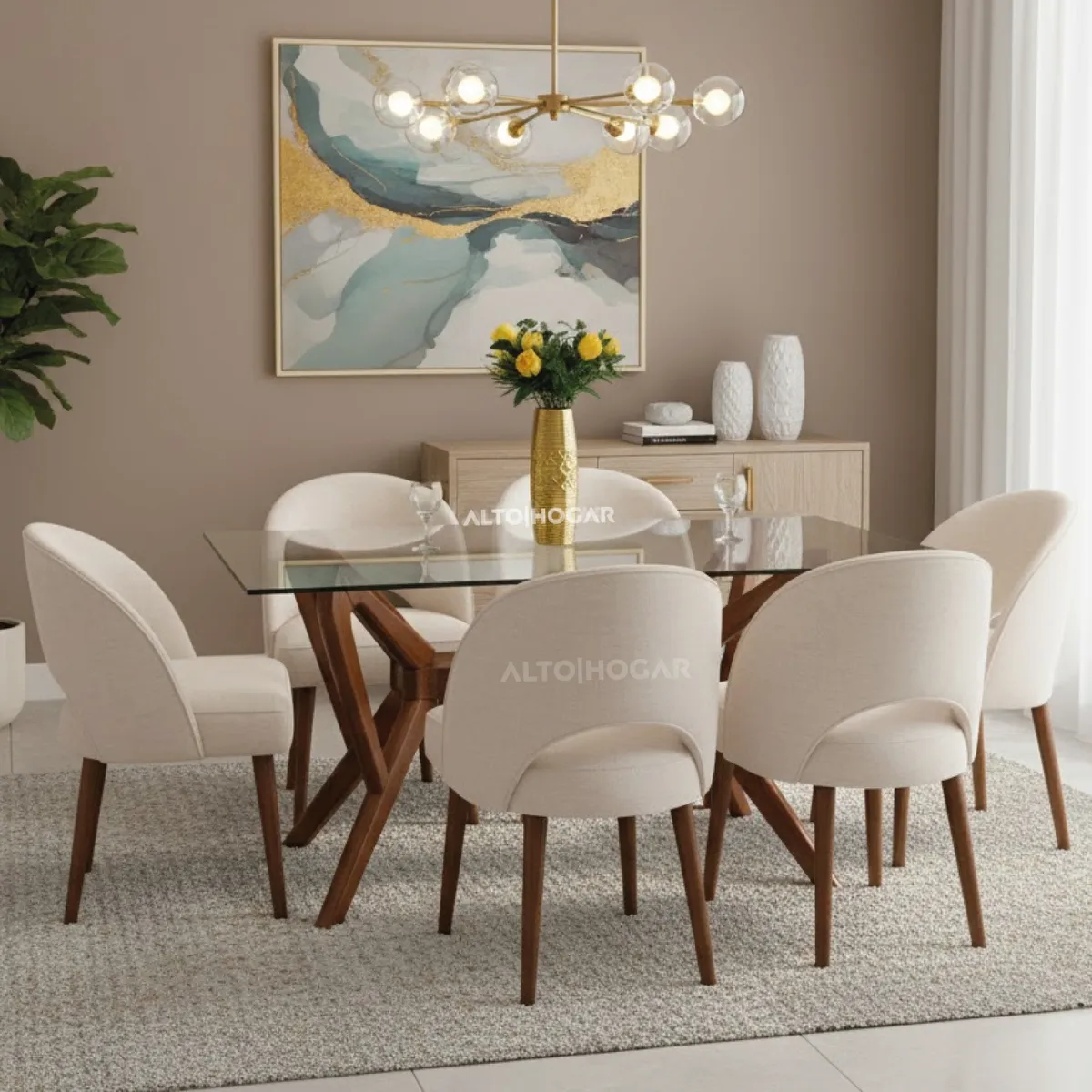 ALTO HOGAR - Juego de Comedor 6 Sillas Moon Crema Madera Tornillo