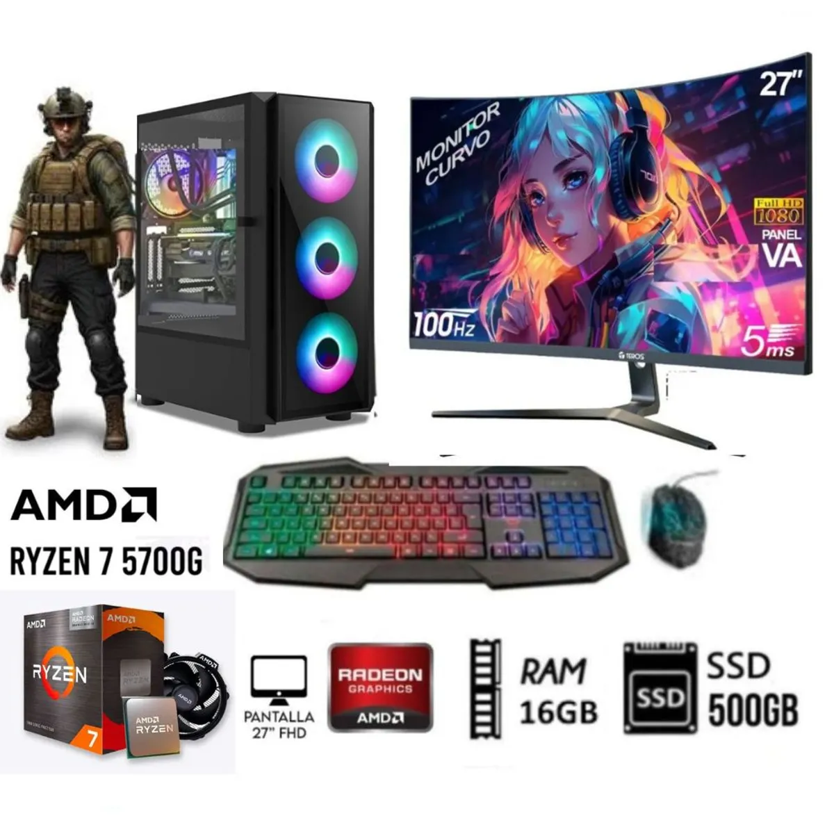 AMD - Computadora PC GAMER RYZEN 7-5700G RAM 16GB  DISCO SSD 500GB MONITOR 27” FHD