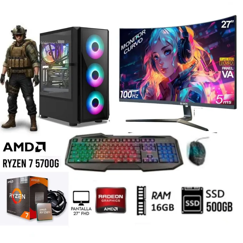 AMD - Computadora PC GAMER RYZEN 7-5700G RAM 16GB  DISCO SSD 500GB MONITOR 27” FHD