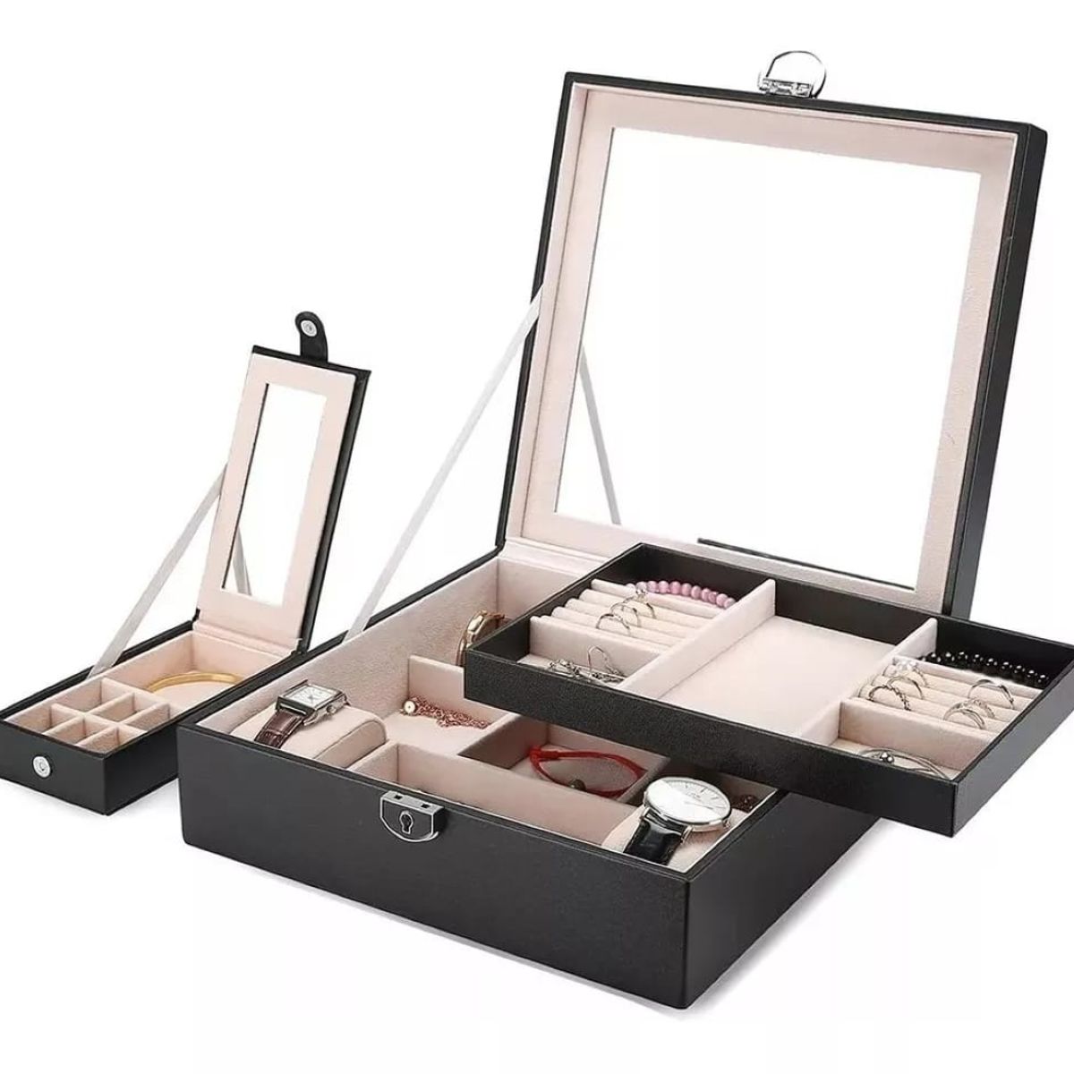 GENERICO - Joyero 2 Niveles + Mini Joyero Portatil con Espejo y Llave