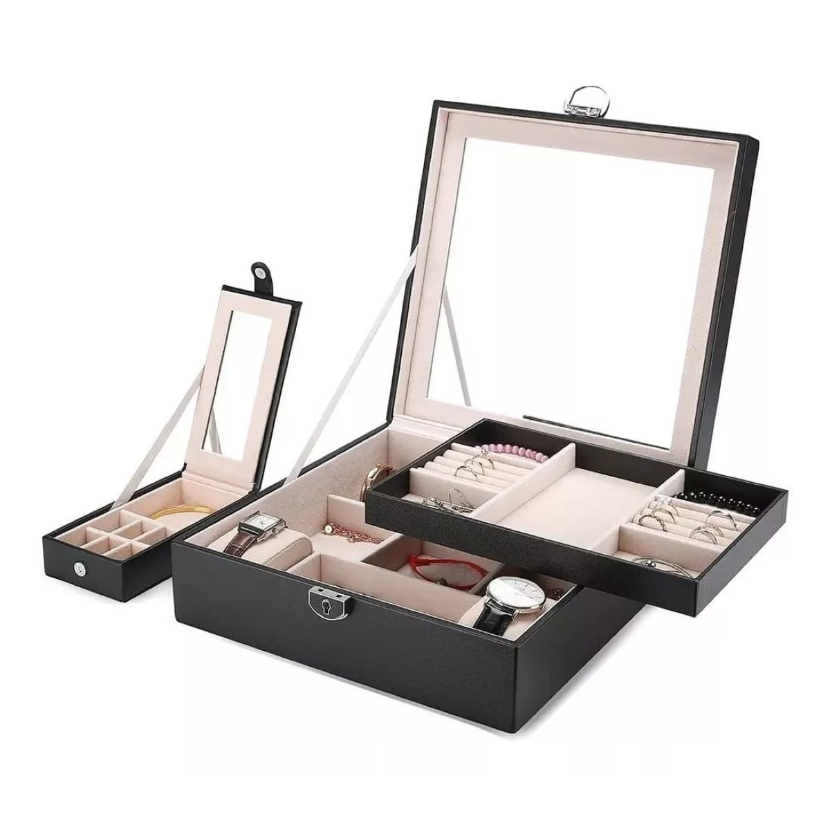 GENERICO - Joyero 2 Niveles + Mini Joyero Portatil con Espejo y Llave