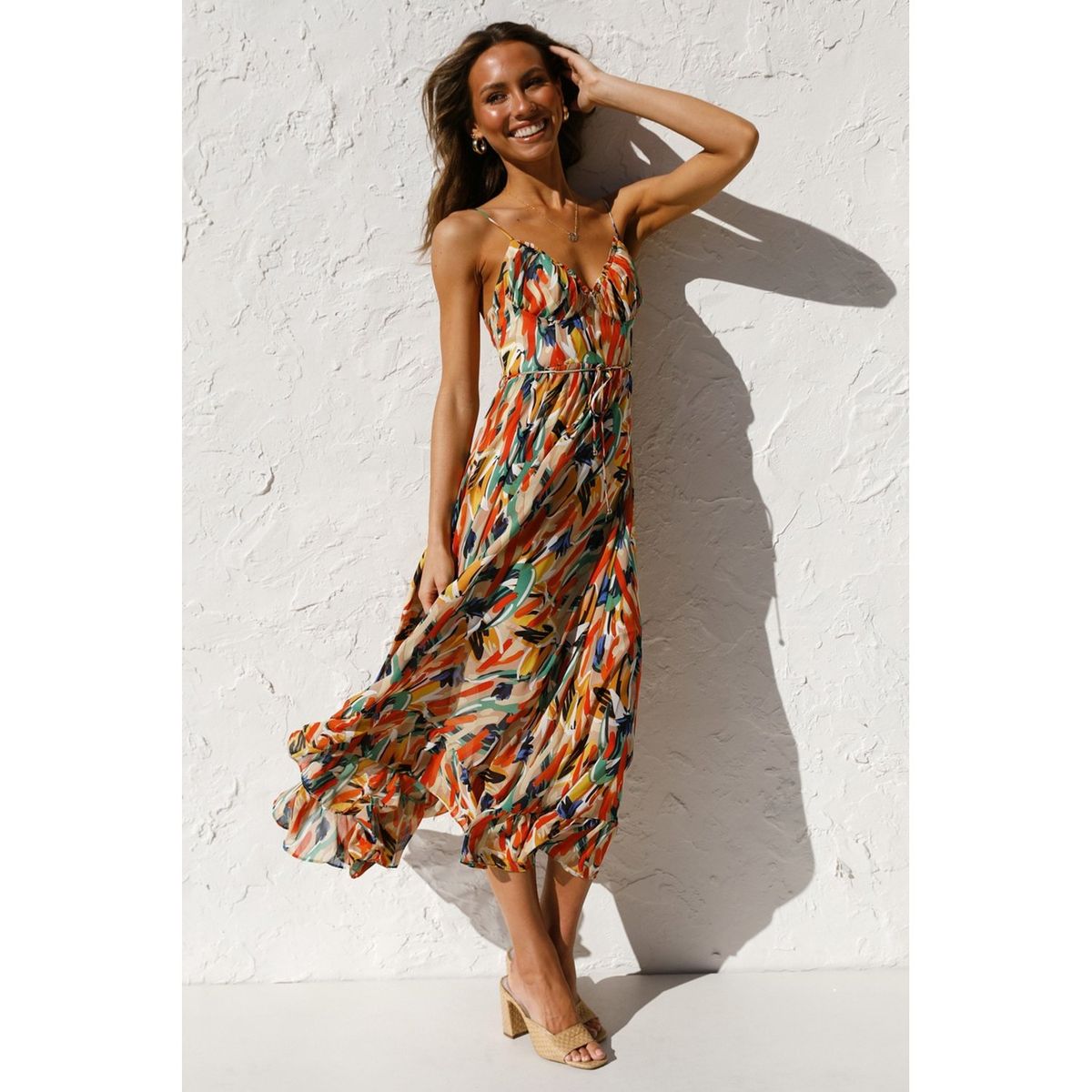 TIOZONEY - Vestido Midi Mujer -Naranja