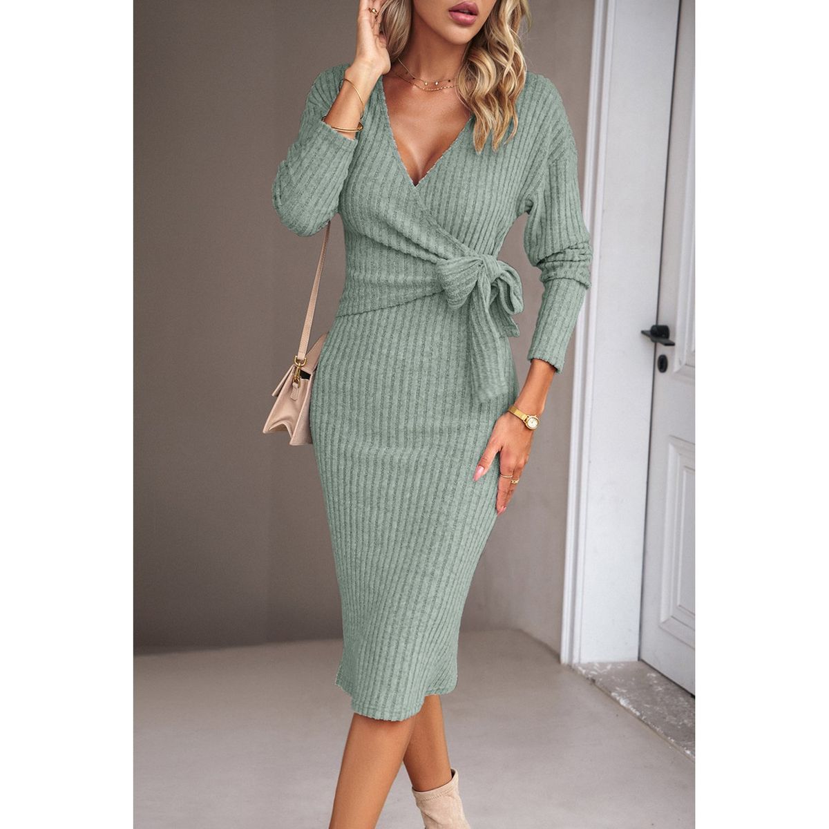 TIOZONEY - Vestido Midi Mujer -Verde