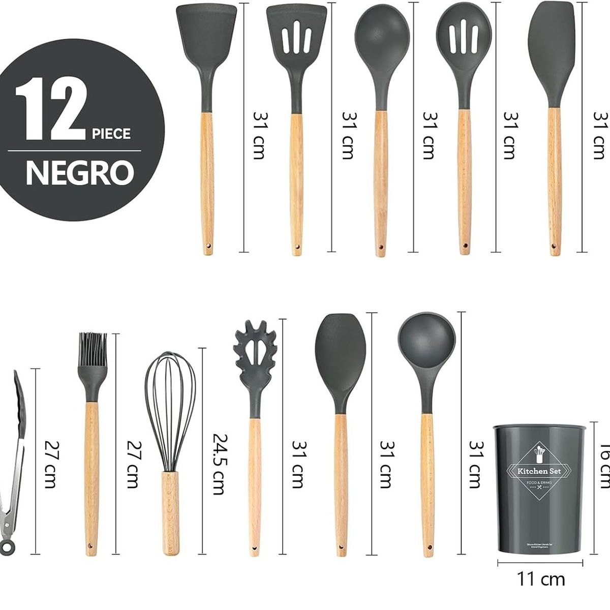 GENERICO - Juego De Utensilios De Cocina De Colores 12 Pcs Negro