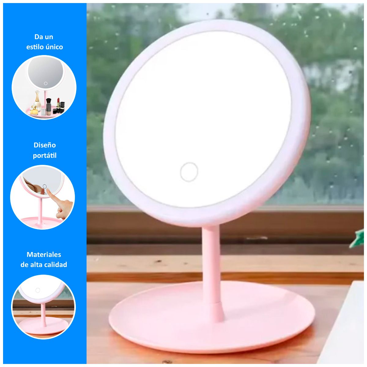 GENERICO - Espejo Led Tactil Maquillaje Luz Escritorio Rosado