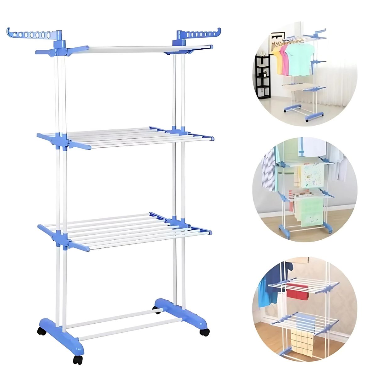 GENERICO - Tendedero de Ropa de 4 Niveles Plegable con Ruedas - Celeste