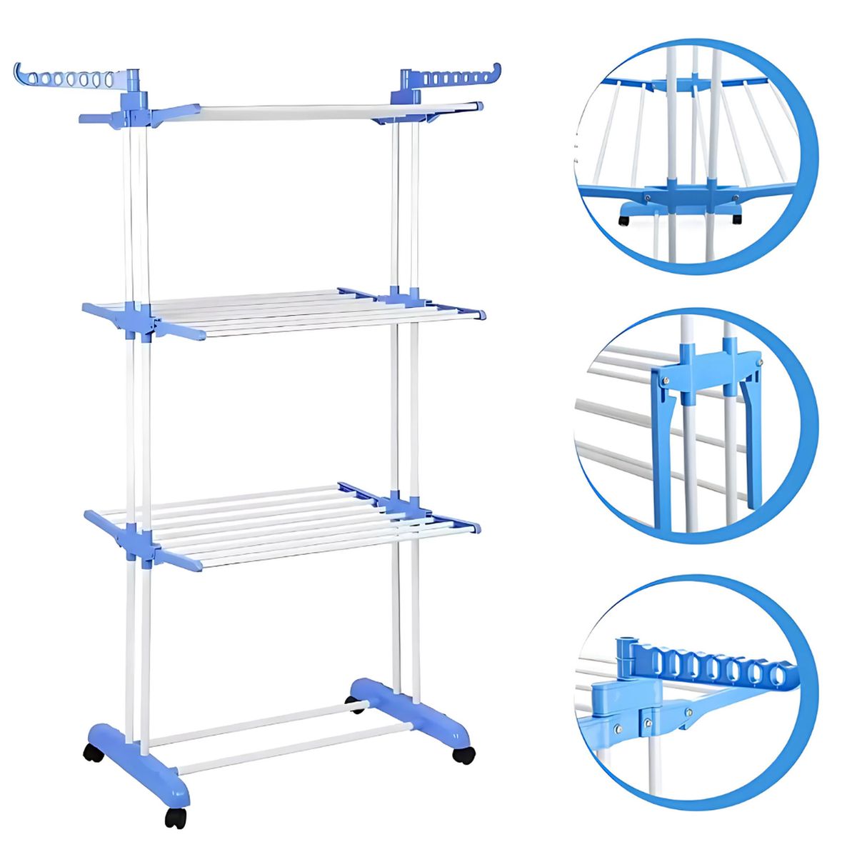 GENERICO - Tendedero de Ropa de 4 Niveles Plegable con Ruedas - Celeste