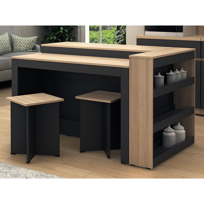TU MESITA - Isla Central de Cocina Apolonia +  2 banquetas RobleNegro 3 puertas