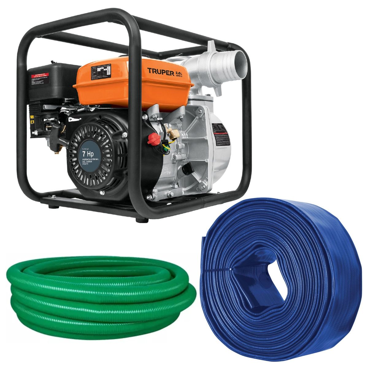 TRUPER - Combo Motobomba 7 HP salida 3"pulg Manguera de succion 6m y salida 25m