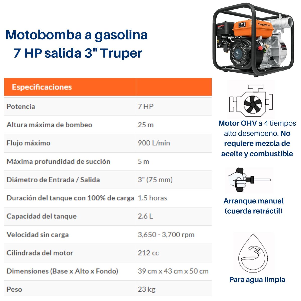 TRUPER - Combo Motobomba 7 HP salida 3"pulg Manguera de succion 6m y salida 25m