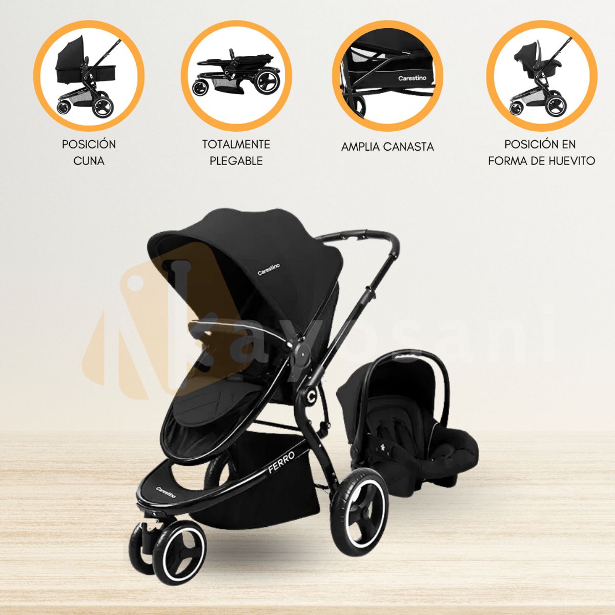 CARESTINO - Coche Moises con Accesorios «FERRO» Black