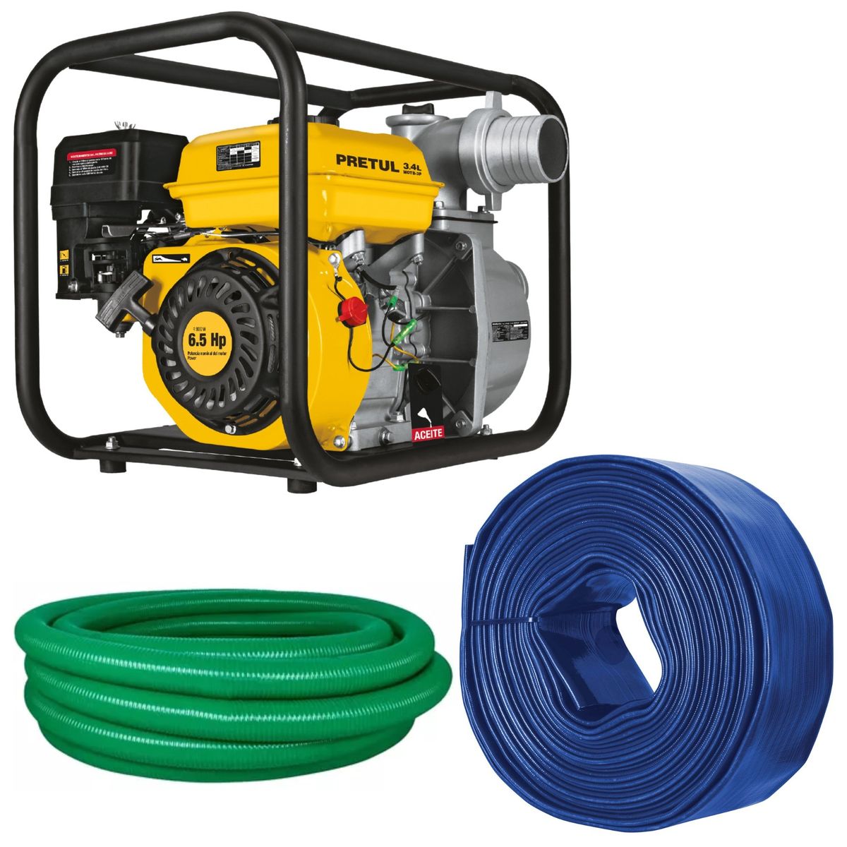 PRETUL - Combo Motobomba 6.5 HP 3"pulg Manguera de succion 6m y salida 25m