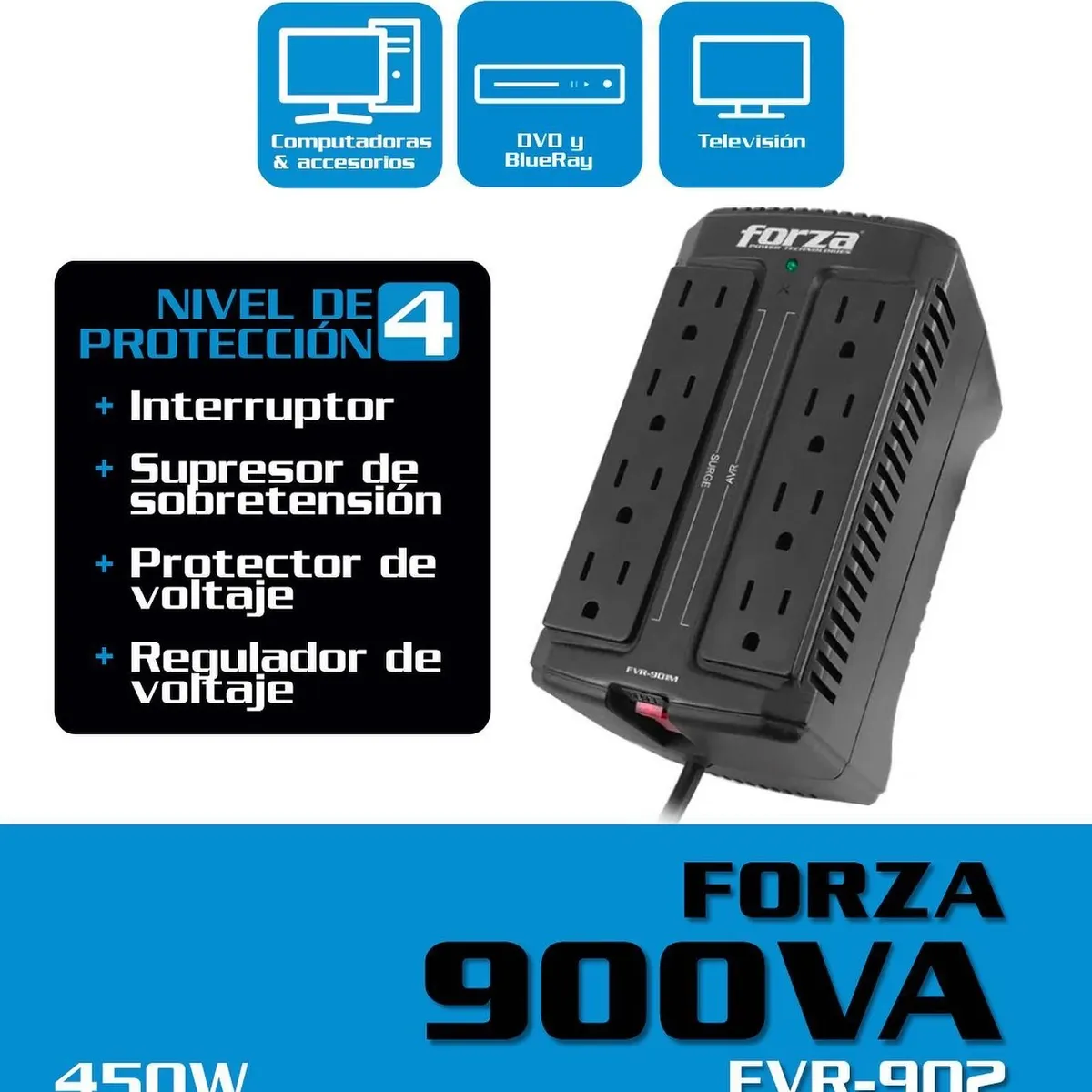 FORZA - ESTABILIZADOR DE VOLTAJE 8 TOMAS FZ-FVR-902 900VA/450W 220V
