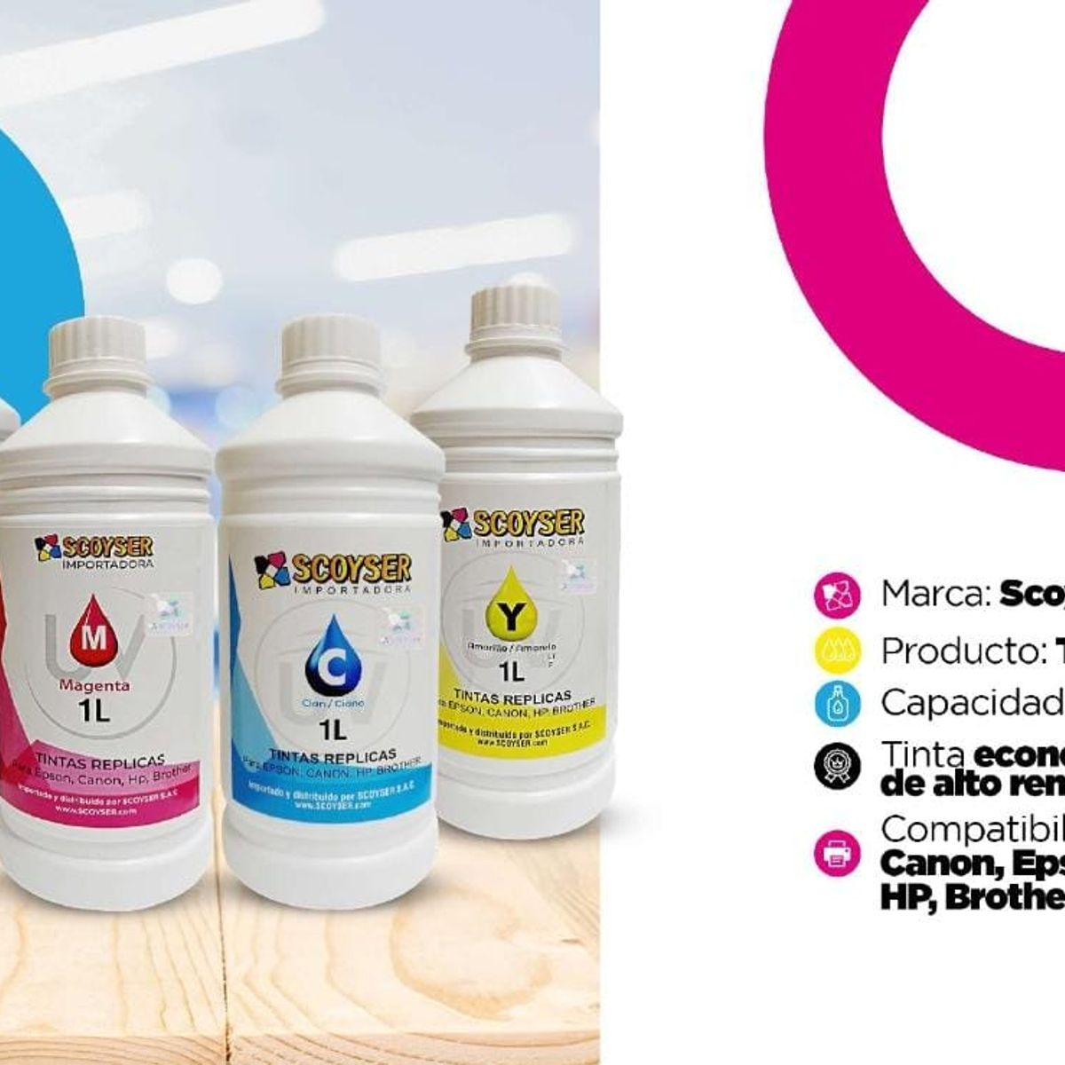 SCOYSER - TINTA DE 1 LITRO CIAN PARA IMPRESORAS EPSON, CANOO, HP, BROTHER