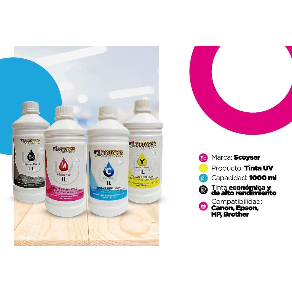 SCOYSER - TINTA DE 1 LITRO CIAN PARA IMPRESORAS EPSON, CANOO, HP, BROTHER