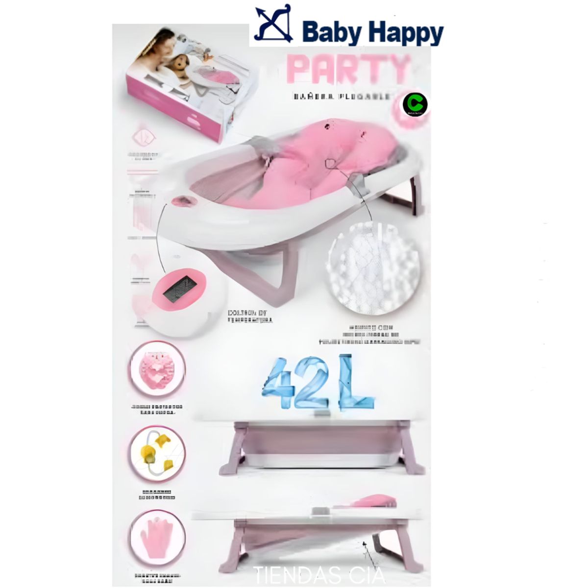 BABY HAPPY - Bañera Plegable Baby Happy Party Completo Rosado